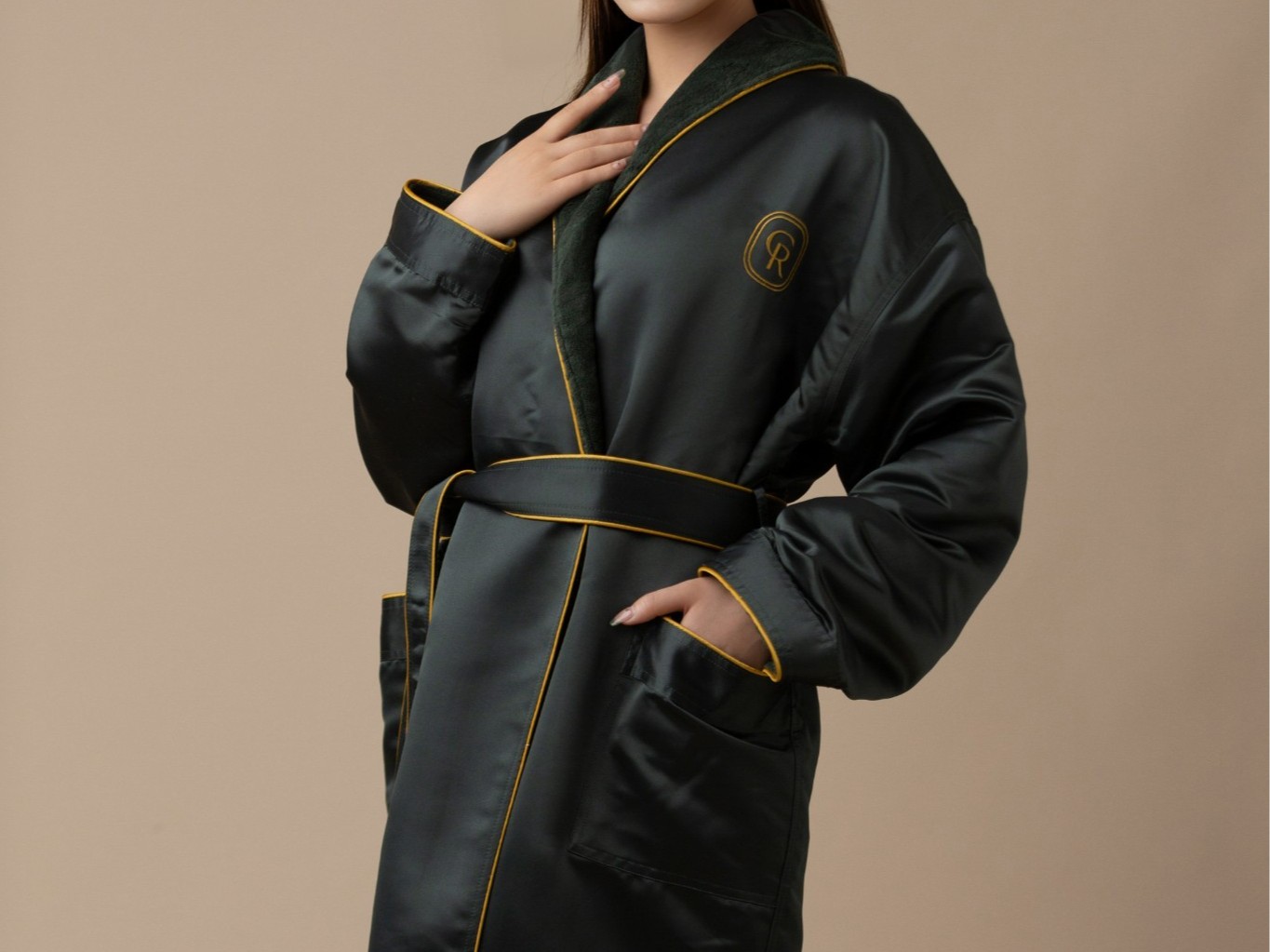 双层外仿真丝内珊瑚绒浴袍保暖舒适速干吸水